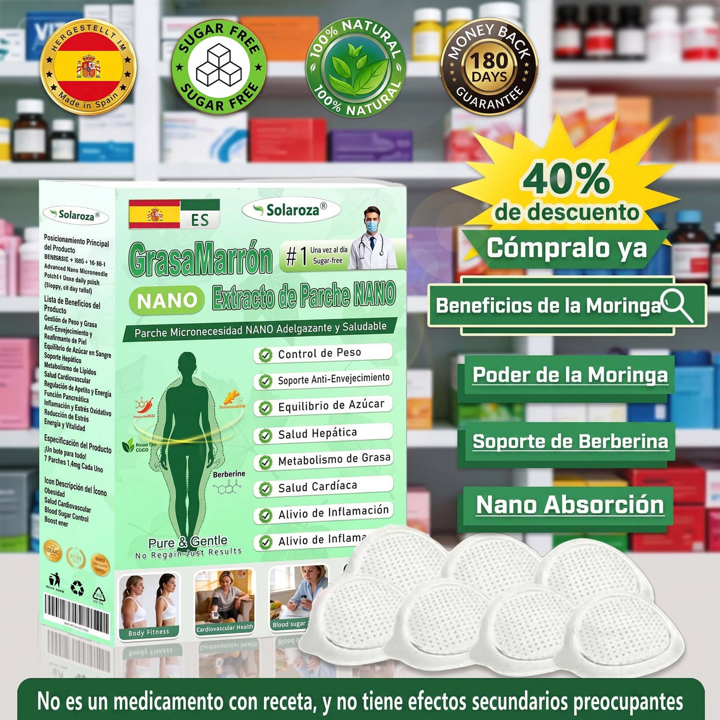 ❄️Tienda oficial | 🍋Solaroza® Moringa & Berberine 10-IN-1 Advanced Nano Microneedle 1 Patch (una vez al día, cambios visibles en 7 días) ✅ obesidad, Diabetes, Apnea del sueño, y problemas articulares